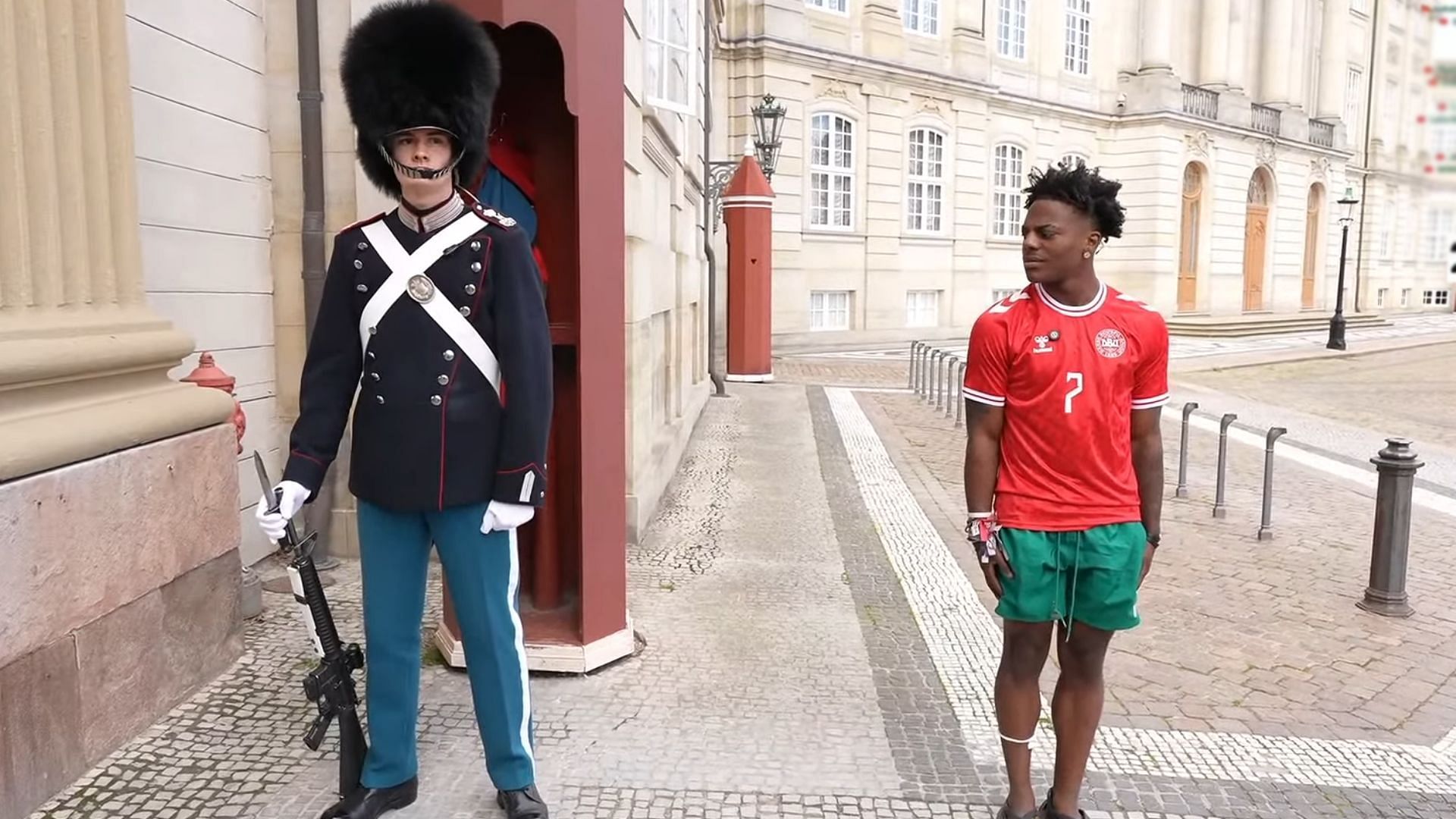 IShowSpeed with the Danish Royal Guard trying to do the English or Spanish challenge (Image via IShowSpeed/YouTube)