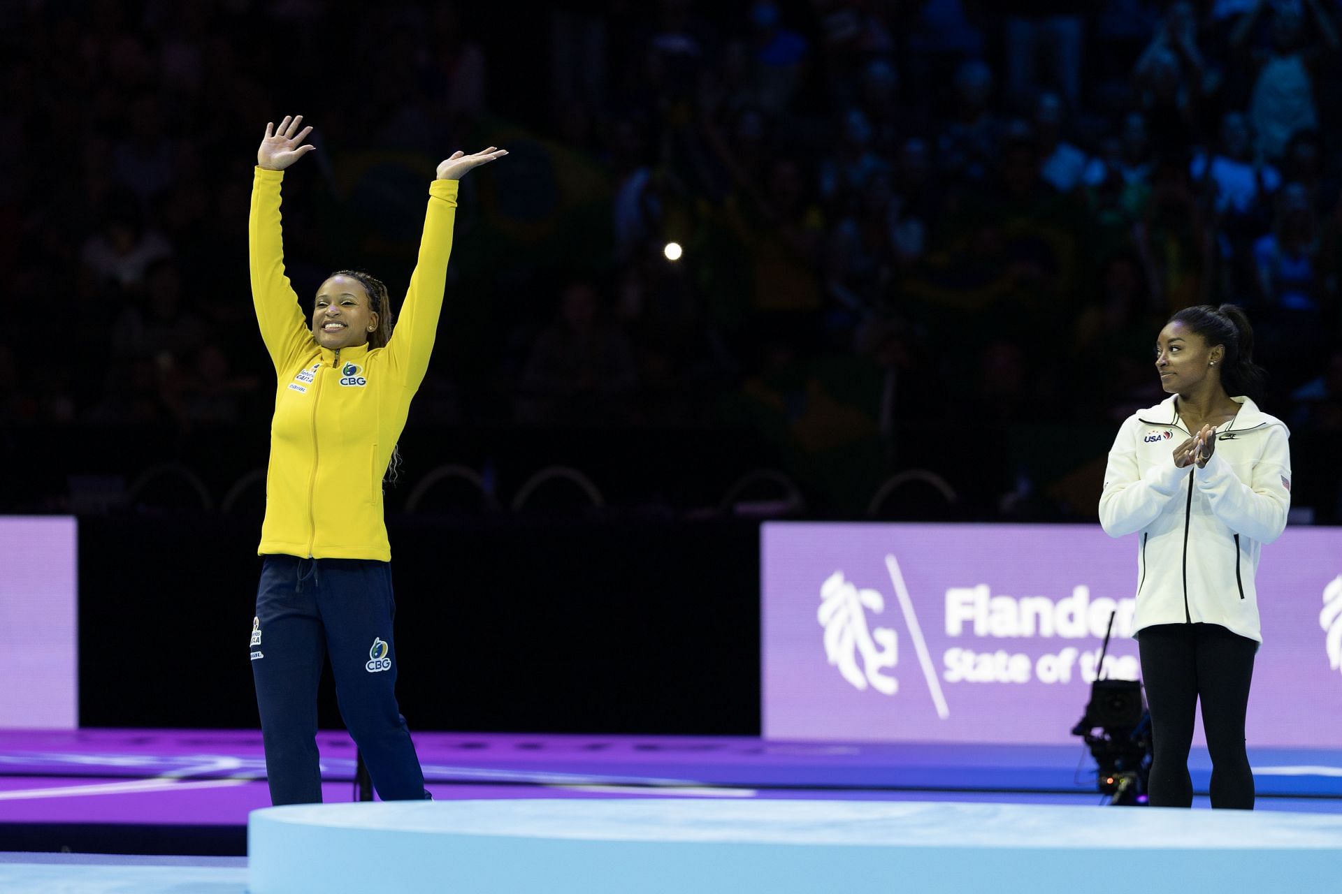 Rebecca Andrade [L] and Simone Biles [R] at the Artistic Gymnastics World Championships 2023 | Getty