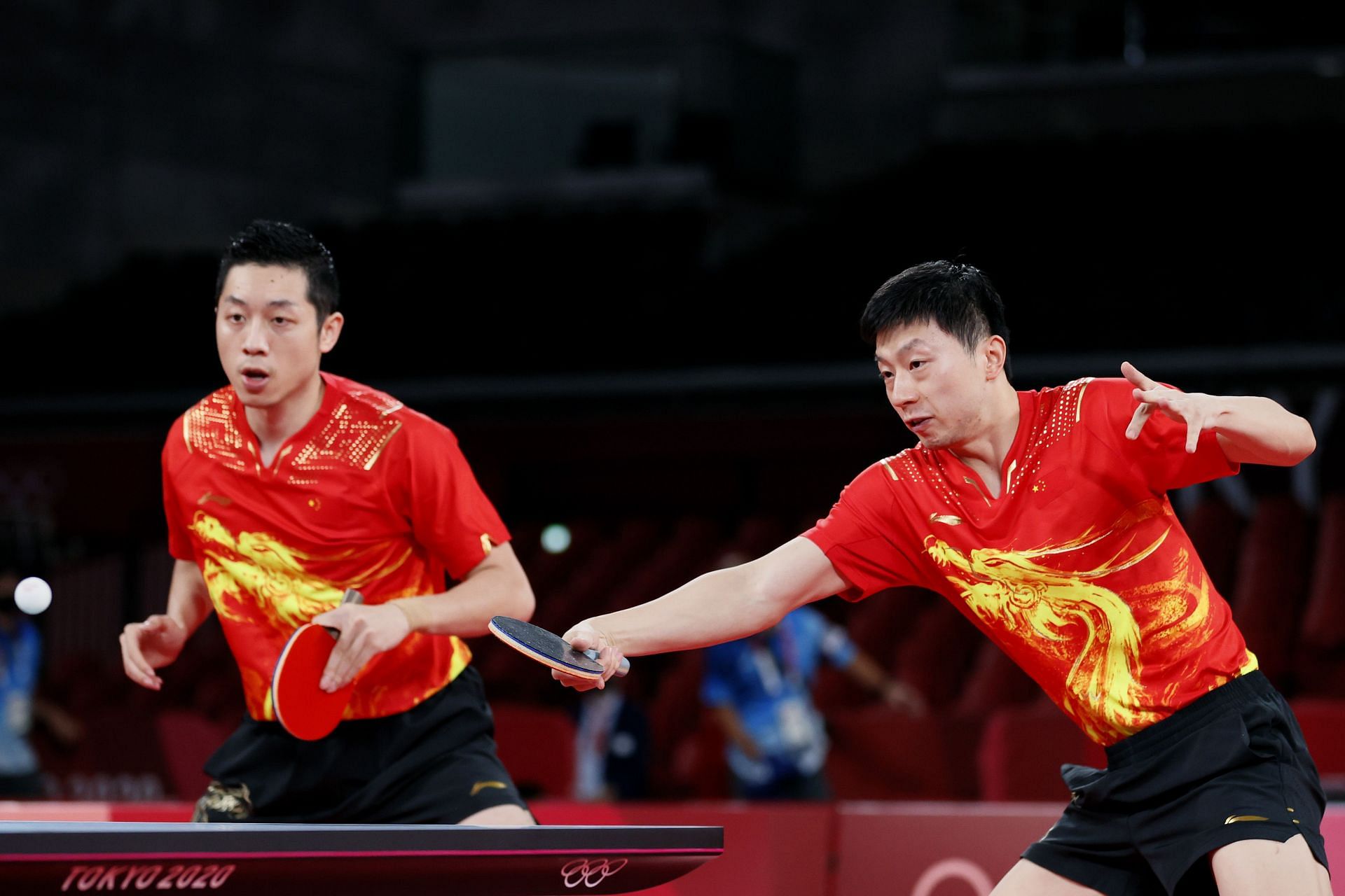 Team China in action during their Men&#039;s Team Quarterfinals table tennis match at the 2020 Olympic Games in Tokyo, Japan. - Getty Images