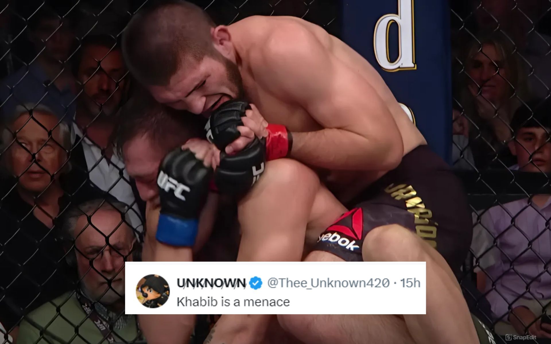 Fans react to Khabib Nurmagomedov (top) spitting on Conor McGregor (bottom) after submission victory at UFC 229. [Images courtesy: UFC on YouTube]