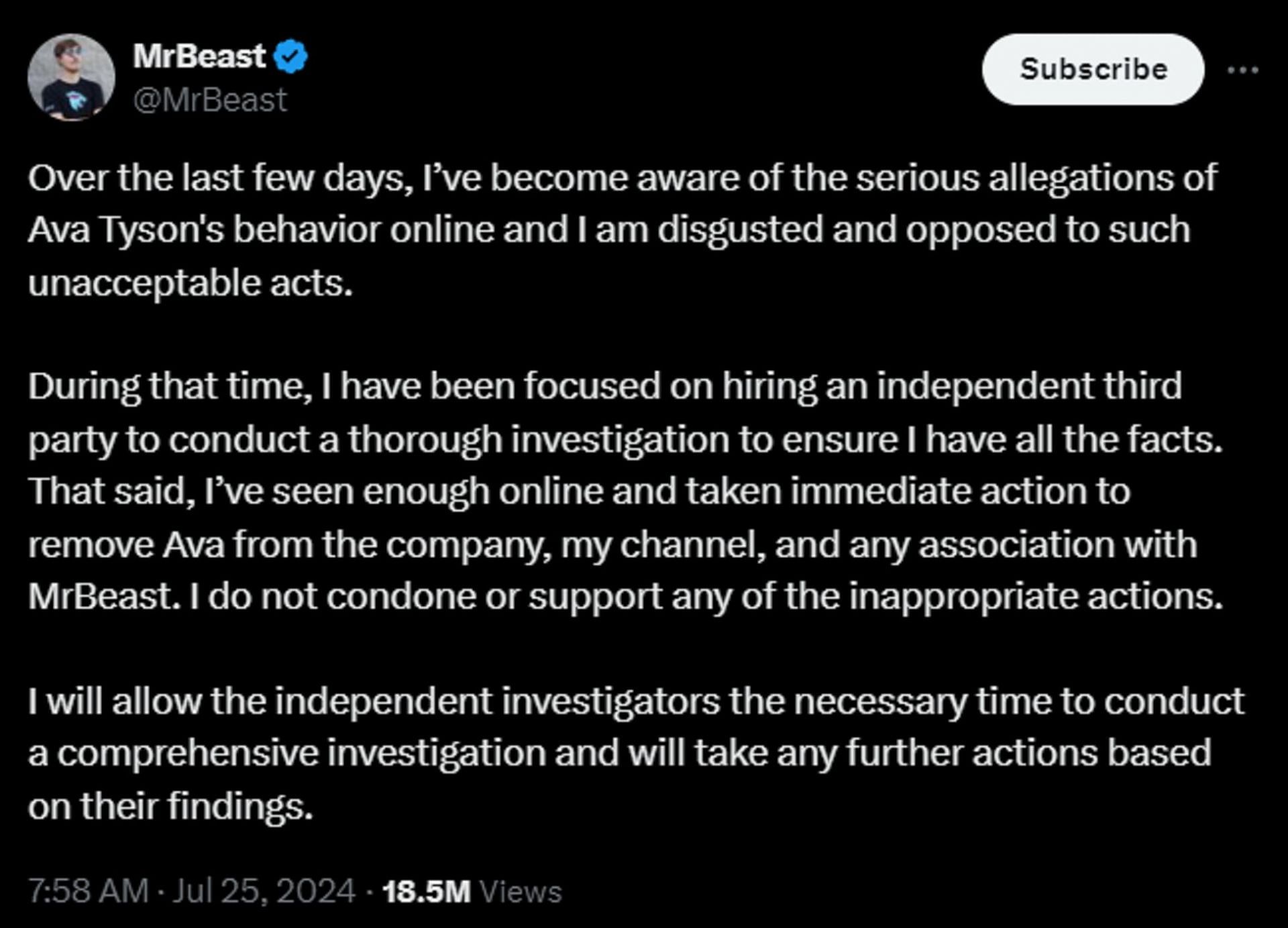 MrBeast statement doesn&#039;t use the word &quot;mutually&quot; (Image via X)