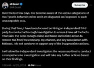 MrBeast statement doesn't use the word "mutually" (Image via X)