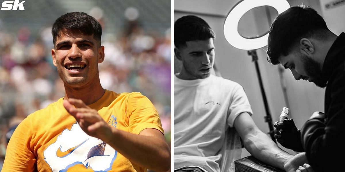 Carlos Alcaraz (L, image:Getty), and the Spaniard getting a tattoo (R, image: Instagram - @carlitosalcarazz).