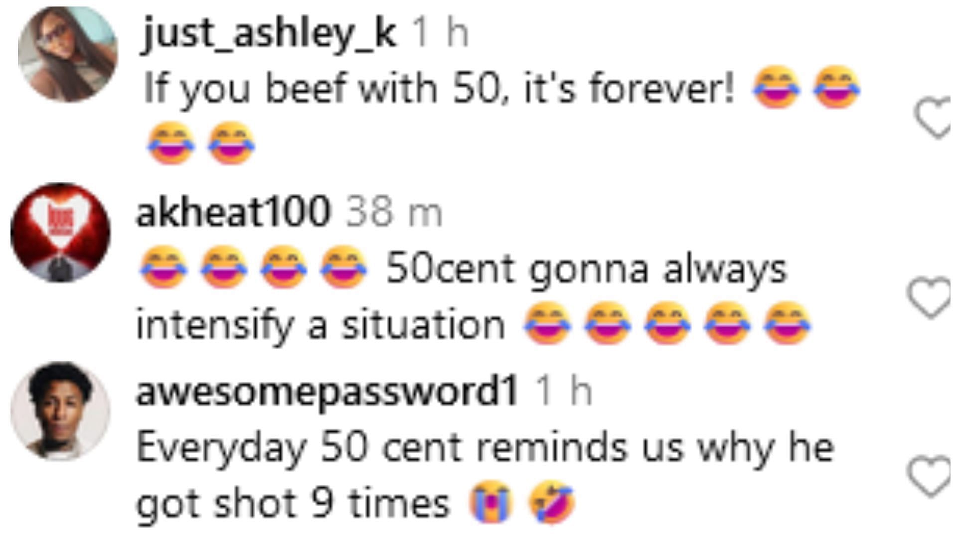 Fans hilariously reacted to Cent&#039;s video against Ross (Image via Instagram / @just_ashley_k / @akheat100 / @awesomepassword1)