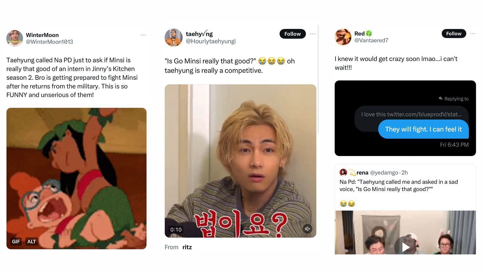 Fans joke about BTS V and Go Minsi. (Images via X/@WinterMoon1013, @Hourlytaehyungi, and @Vantaered7)