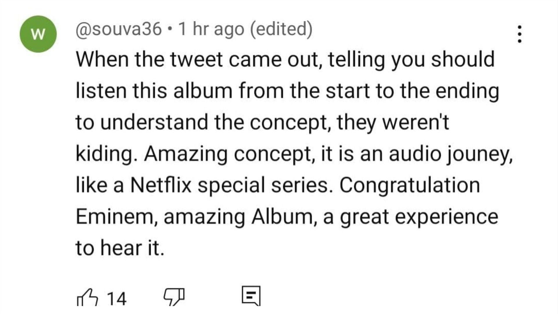 A fan compared the album to a Netflix special series (Image via YouTube/@EminemMusic)