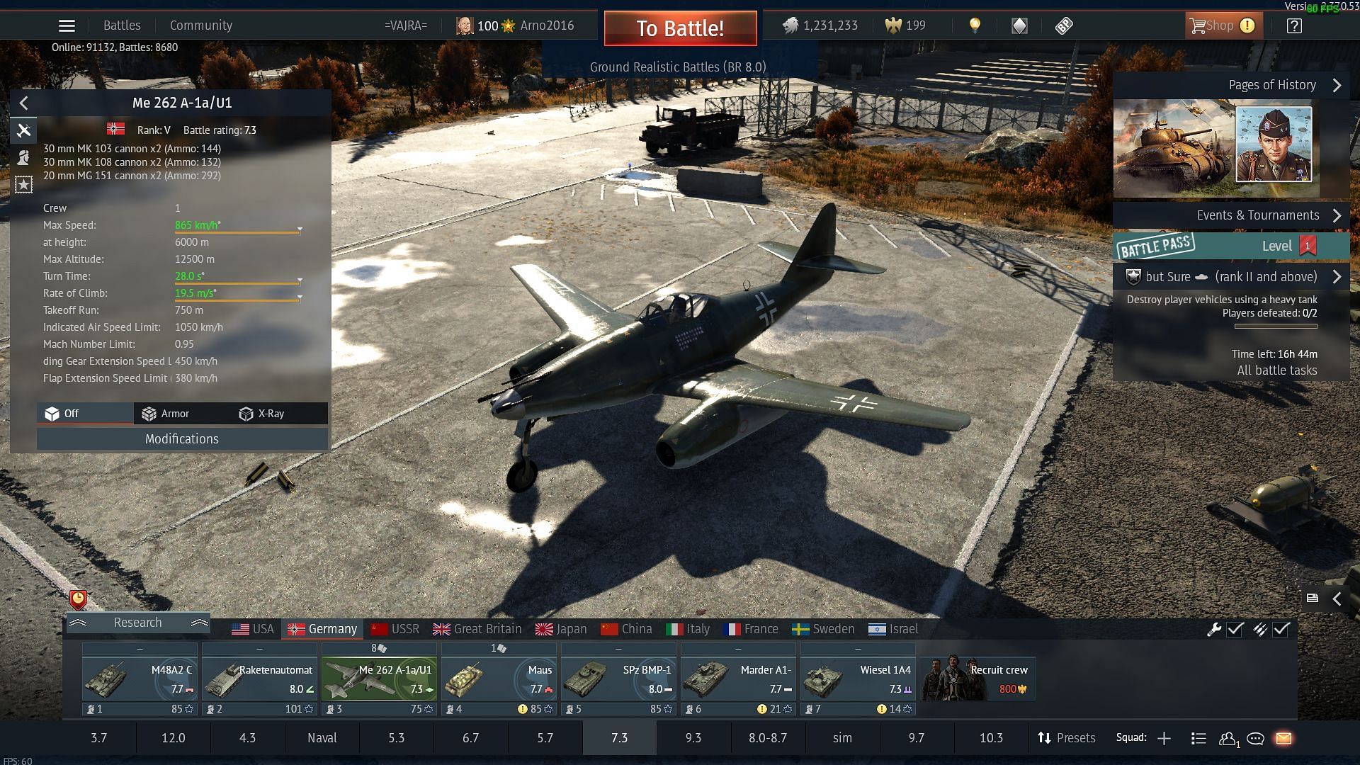 The Me 262 A-1a/U1 in War Thunder (Image via Gaijin Entertainment)