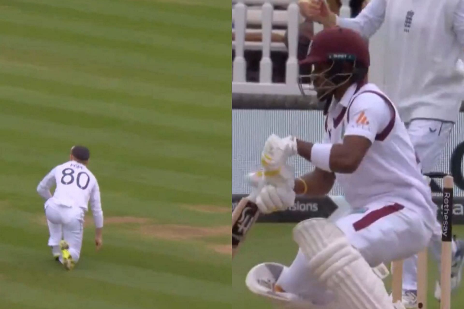 Ollie Pope takes a stunner in the 1st Test against West Indies (Image via X/@englandcricket)