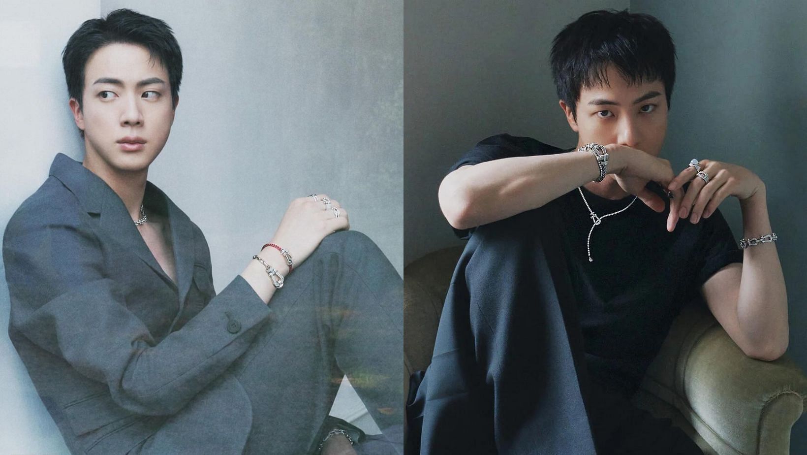 BTS Jin shares initial thoughts on seeing his fellow members during military discharge in a W KOREA interview preview. (Images via Instagram/@wkorea and W KOREA website)