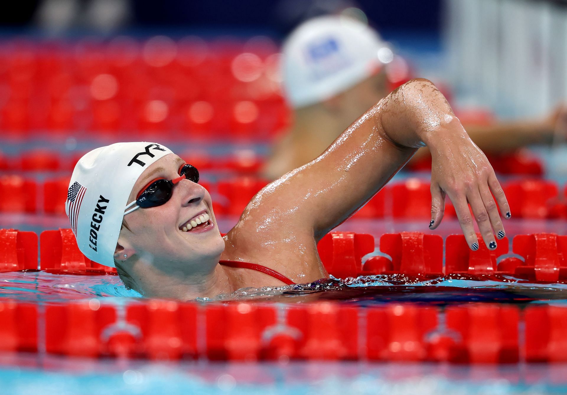 Katie Ledecky of Team USA looks on during a training session in the competition pool at Paris La Defense Arena ahead of the 2024 Olympic Games in Paris, France. (Photo by Getty Images)