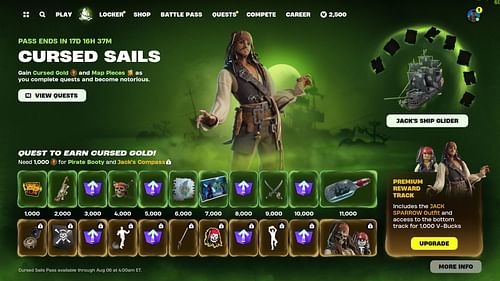 The Fortnite x Pirates of the Caribbean Cursed Sails Pass in-game (Image via Epic Games)