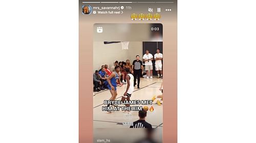 Savannah James reacts to her son's block at the 2024 Peach Jam tournament (image credit: Savannah James/Instagram)