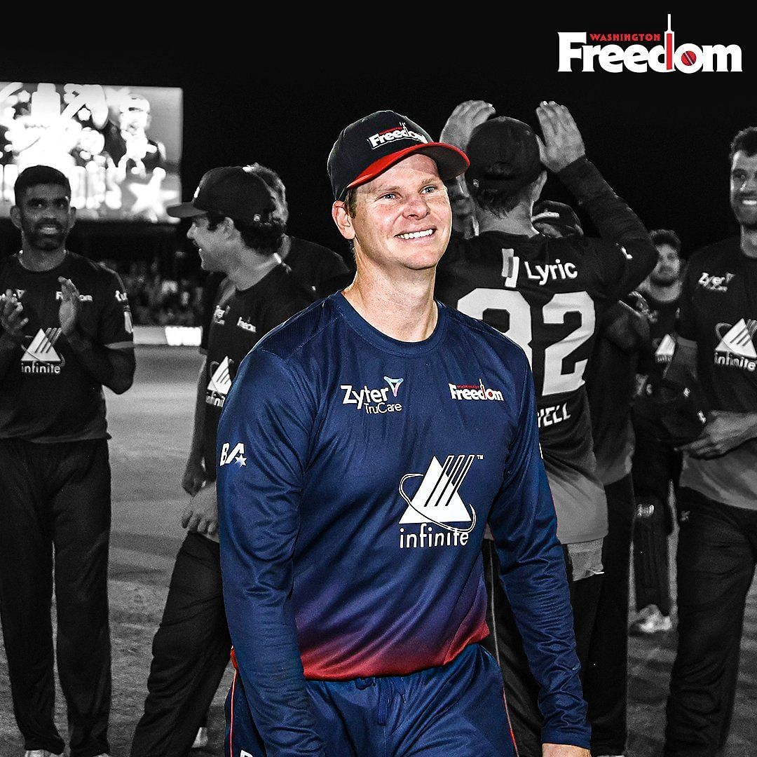 A delighted Steve Smith clicked soon after Washington Freedom won MLC 2024. [@WSHFreedom Twitter]