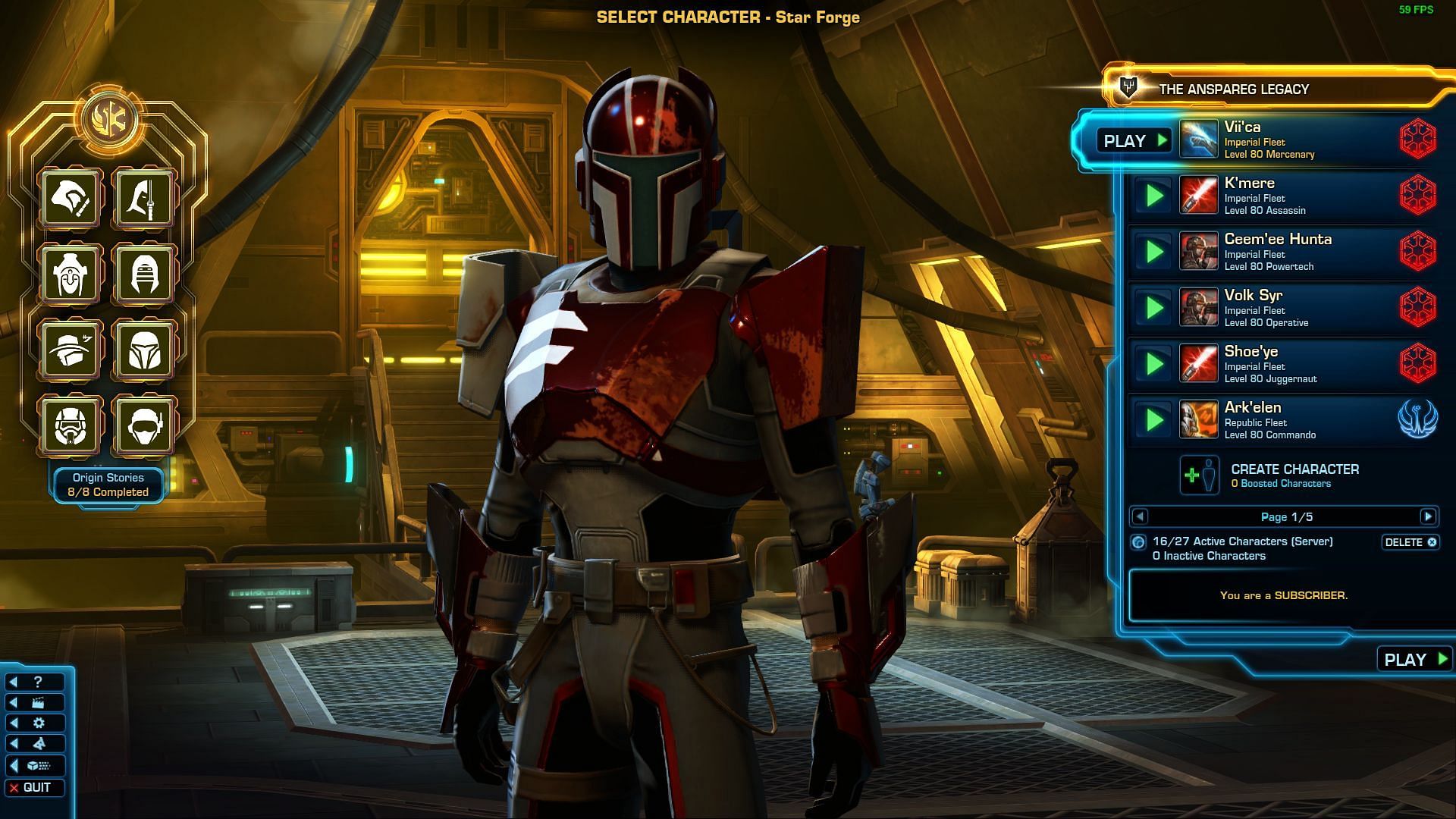 SWTOR&#039;s character selection screen (Image via Electronic Arts)