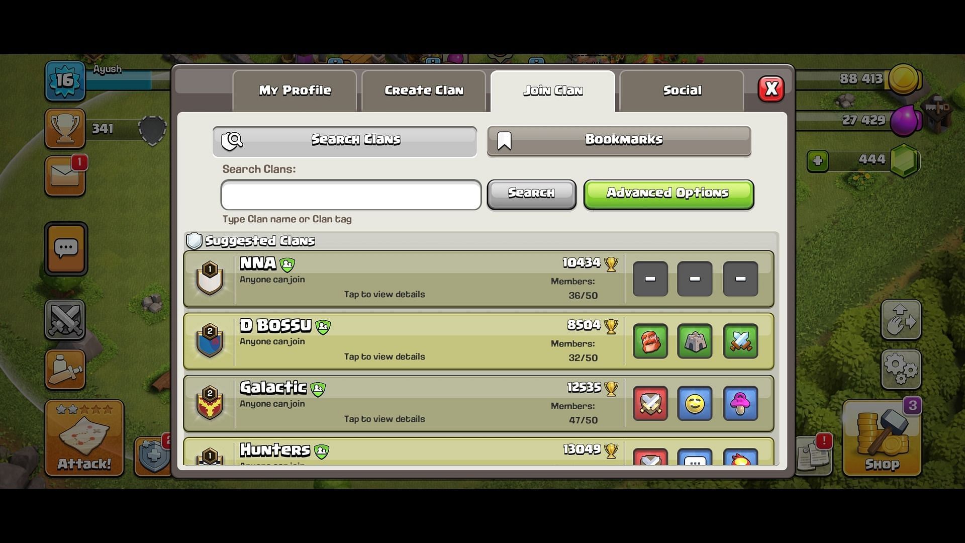 After clicking &#039;Clan&#039; on Clan Castle, this screen will show (Image via Supercell)