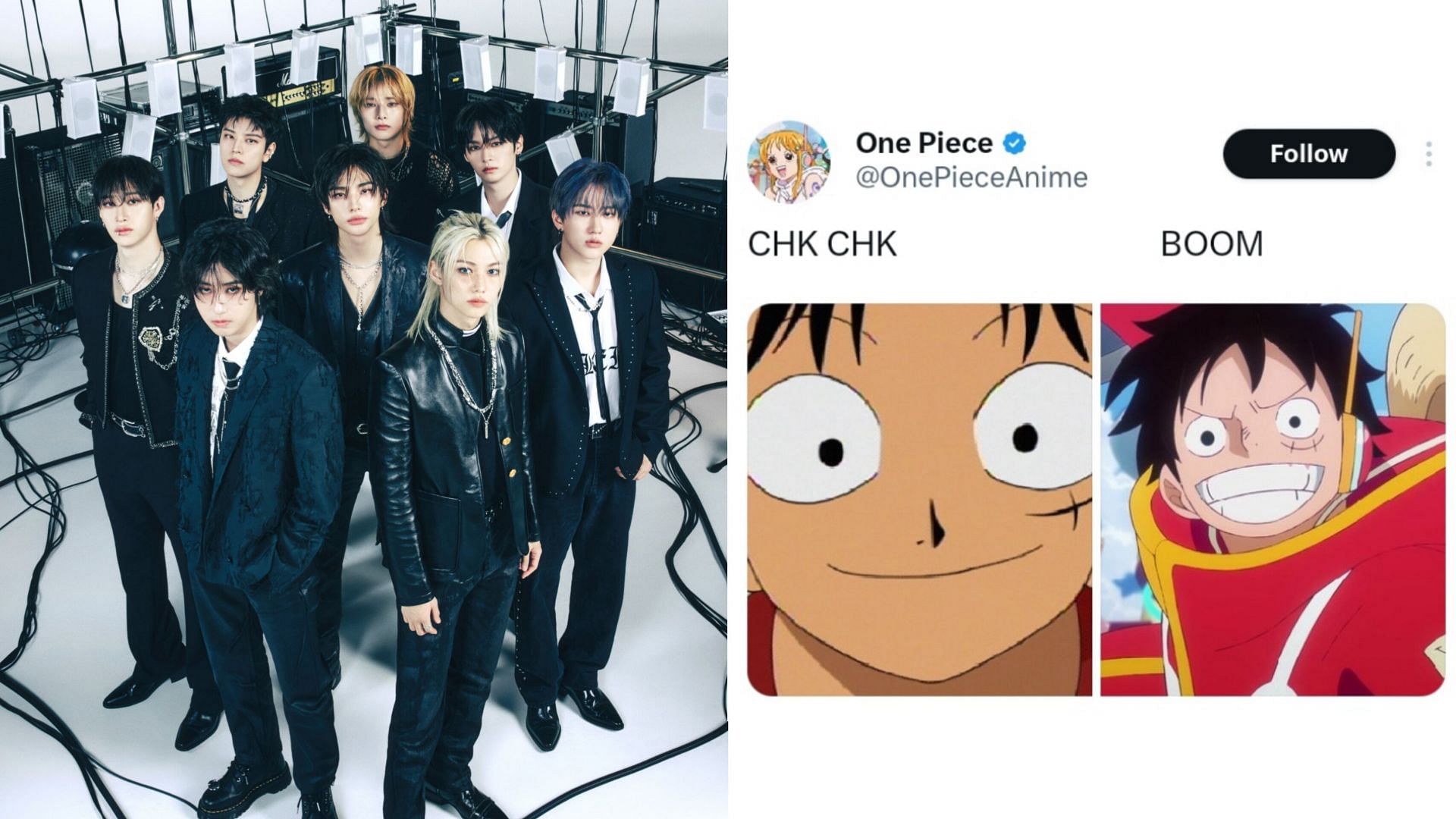 Manga series Twitter account drops a Stray Kids&rsquo; &lsquo;CHK CHK BOOM&rsquo; meme reference (Images via X/@Stray_Kids &amp; @OnePieceAnime)