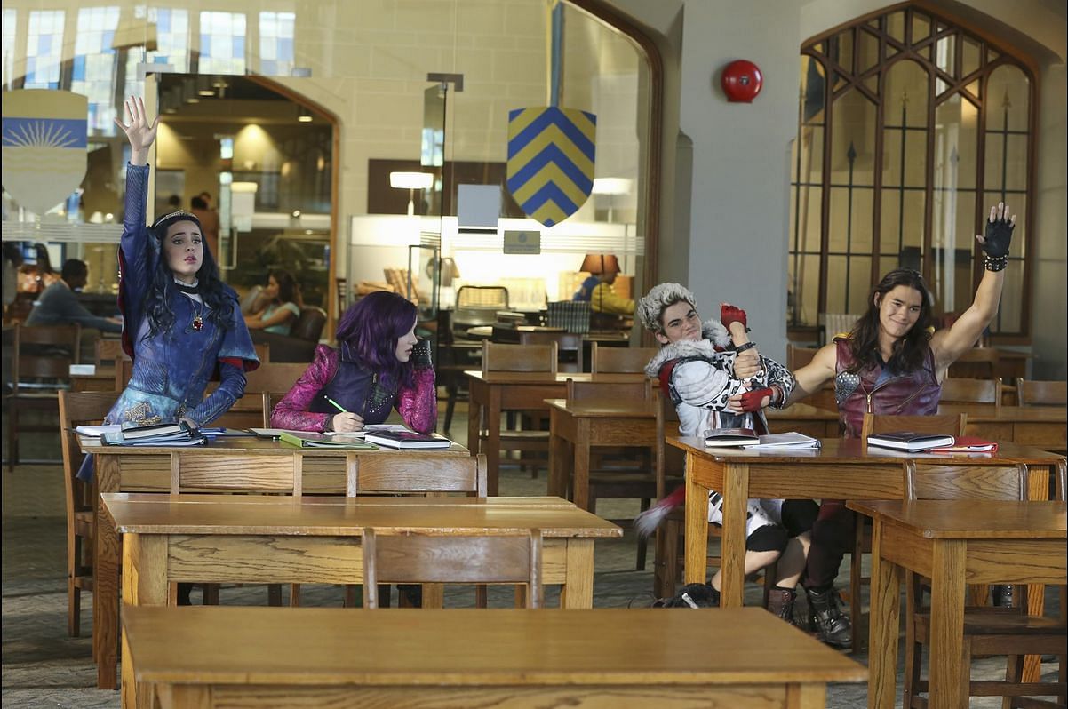 The Descendants movies take place in Auradon Prep, a high school in the United Kingdom of Auradon. (Image via Disney)