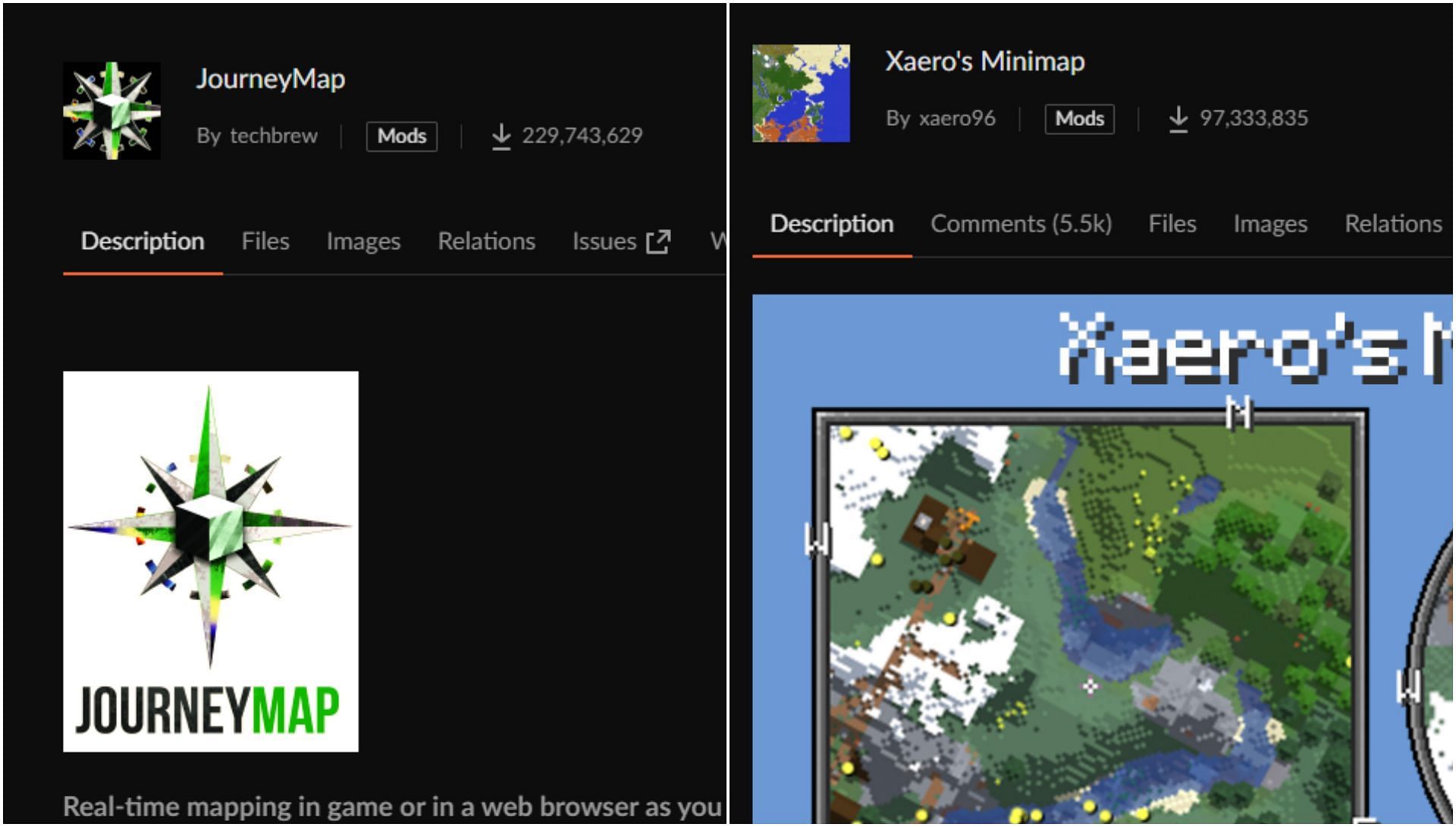 JourneyMap and Xaero&#039;s minimap are two of the most famous mods for minimaps (Image via CurseForge)