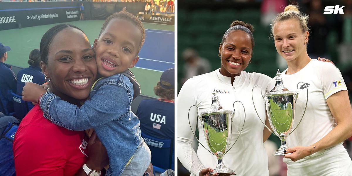 Taylor Townsend and son (L), Townsend with Katerina Siniakova (R) (Source: @tay_taytownsend on Instagram; Getty Images)