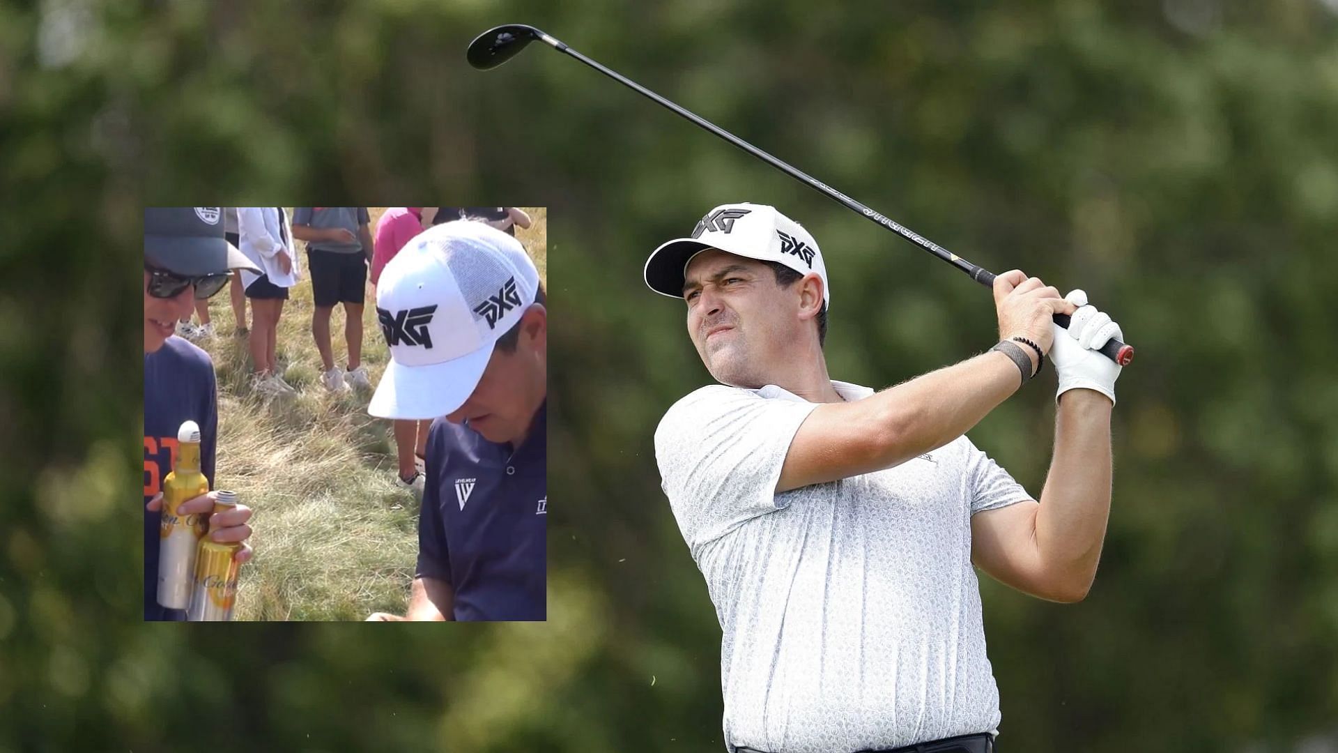 Justin Lower treats fans to a beer at 3M Open (Images via Getty and @PGATOUR/X)