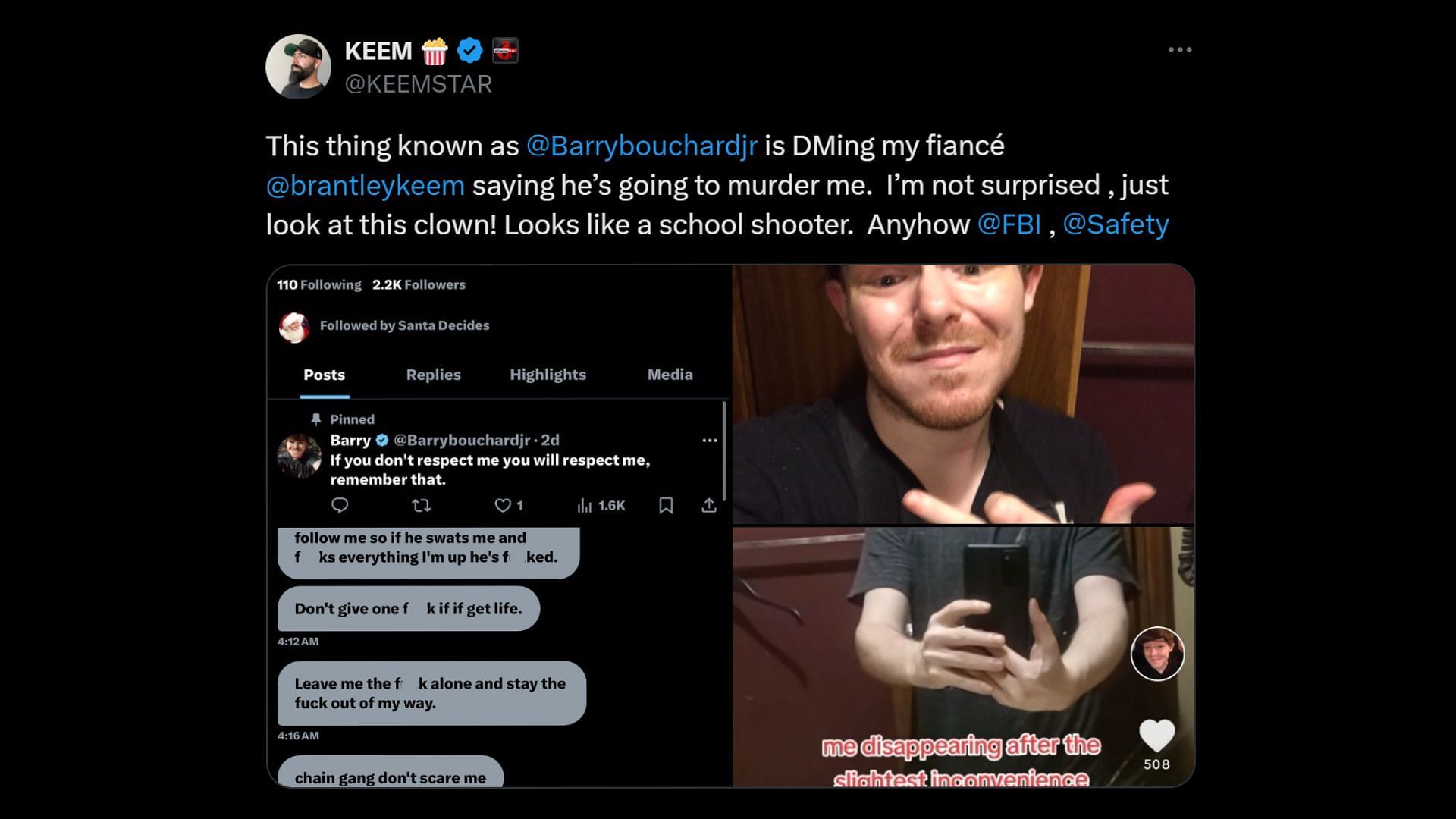 The post made by Keemstar calling the man out for sending threatening messages (Image via KEEMSTAR/X)