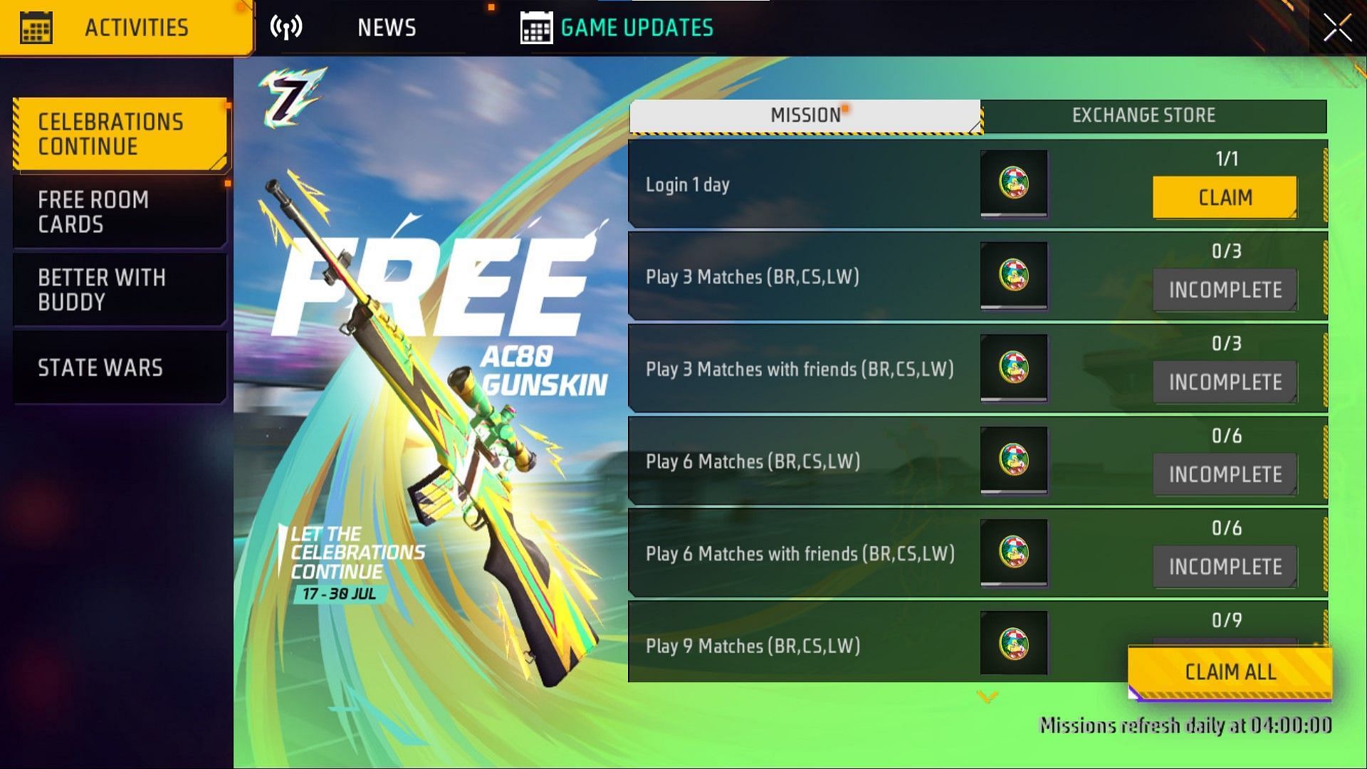 Here are the different missions to complete (Image via Garena)