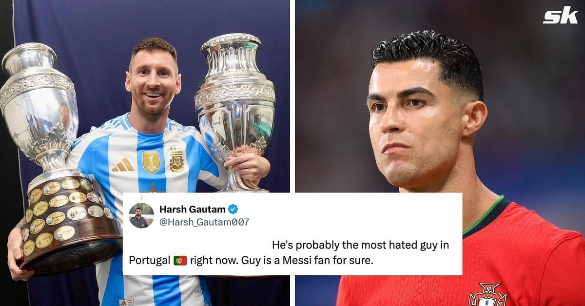 Fans react as Cristiano Ronaldo&rsquo;s Portugal teammate spotted in stadium to watch Lionel Messi lift Copa America. (Picture Credits: Getty, Instagram - leomessi, Twitter - @Harsh_Gautam007) 