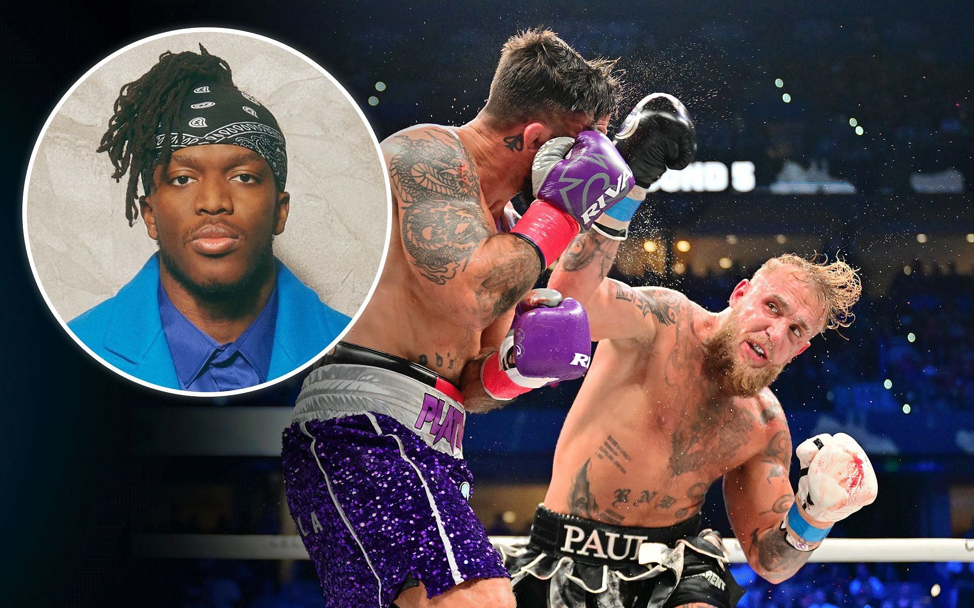 KSI (inset) mocks Jake Paul (right) following his win over Mike Perry (center). [Images courtesy: @ksi on Instagram and Getty]