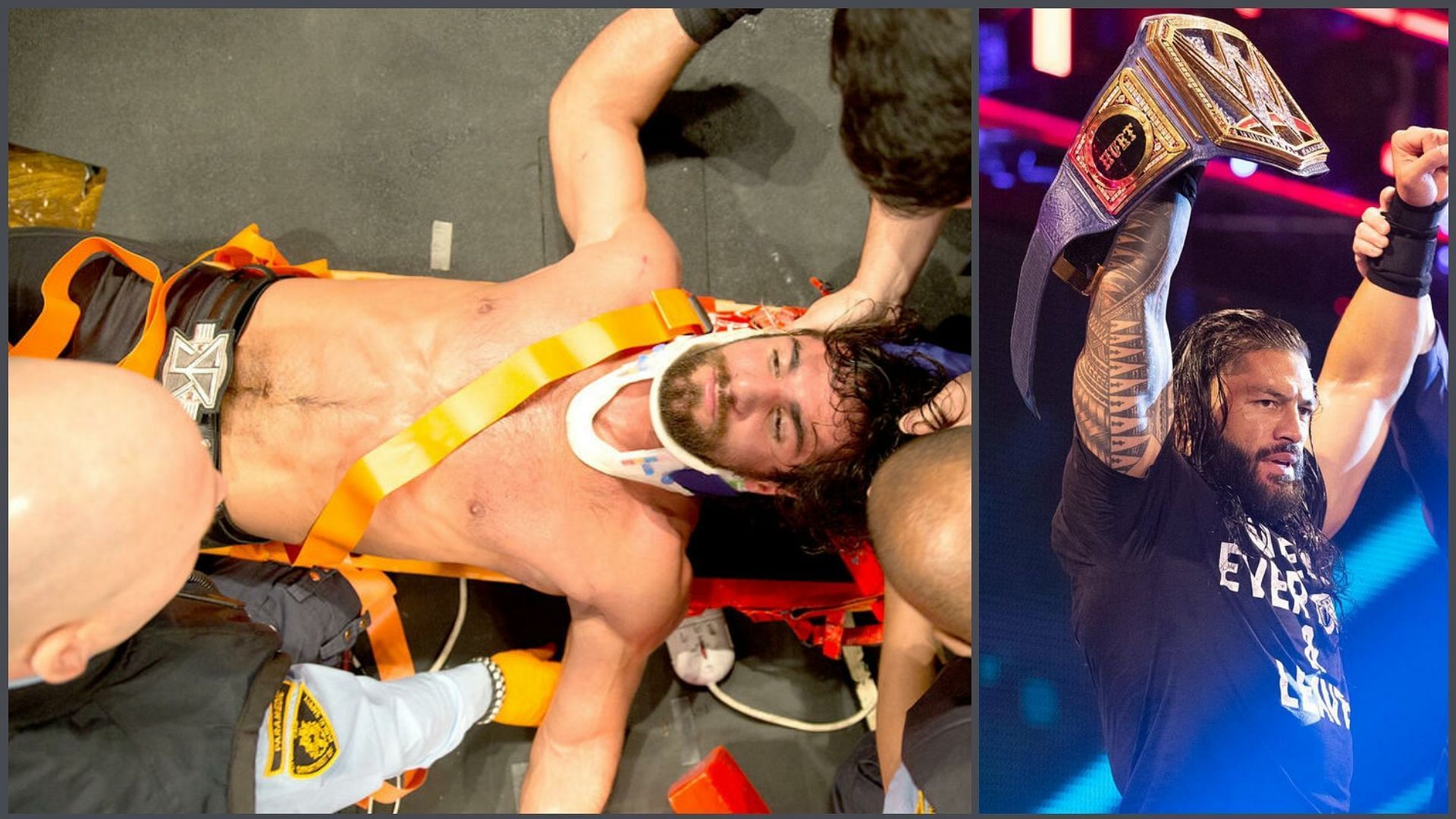 Seth Rollins (left); Roman Reigns (right)