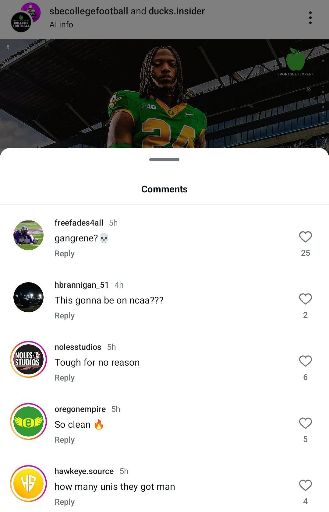 SBE college football IG comments (screenshot via IG/SBE College Football)