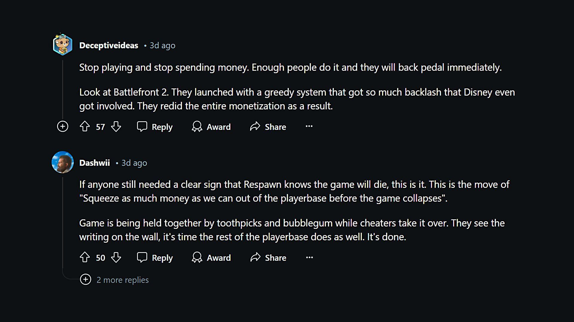 Apex players comment on the downfall of EA&#039;s battle royale (Image via Reddit)