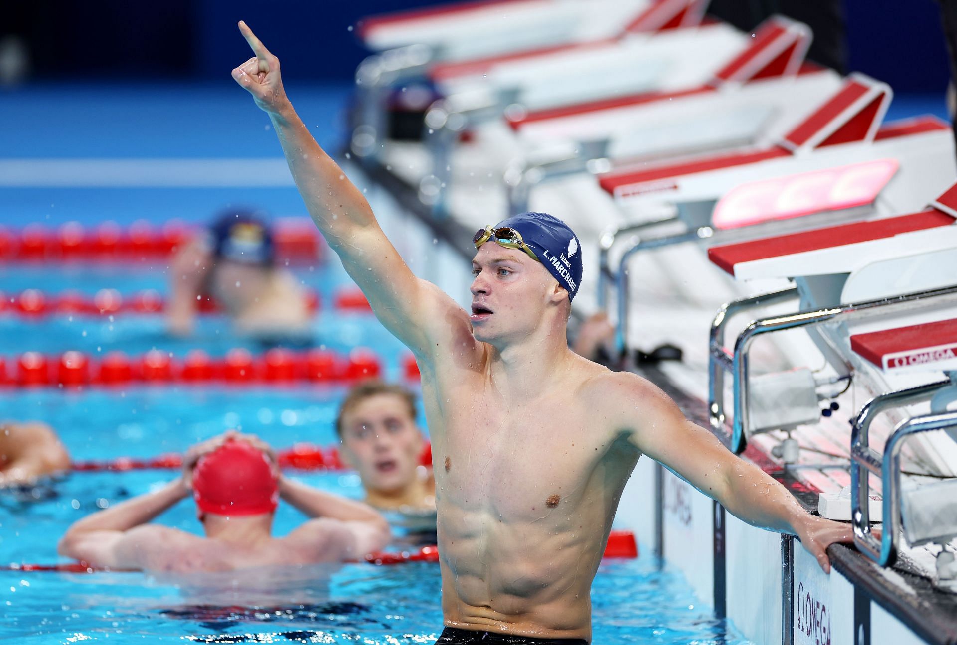 Leon Marchand of Team France celebrates after winning gold in the Men&rsquo;s 400m Individual Medley Final at the Olympic Games 2024 in Paris, France. (Photo by Getty Images)