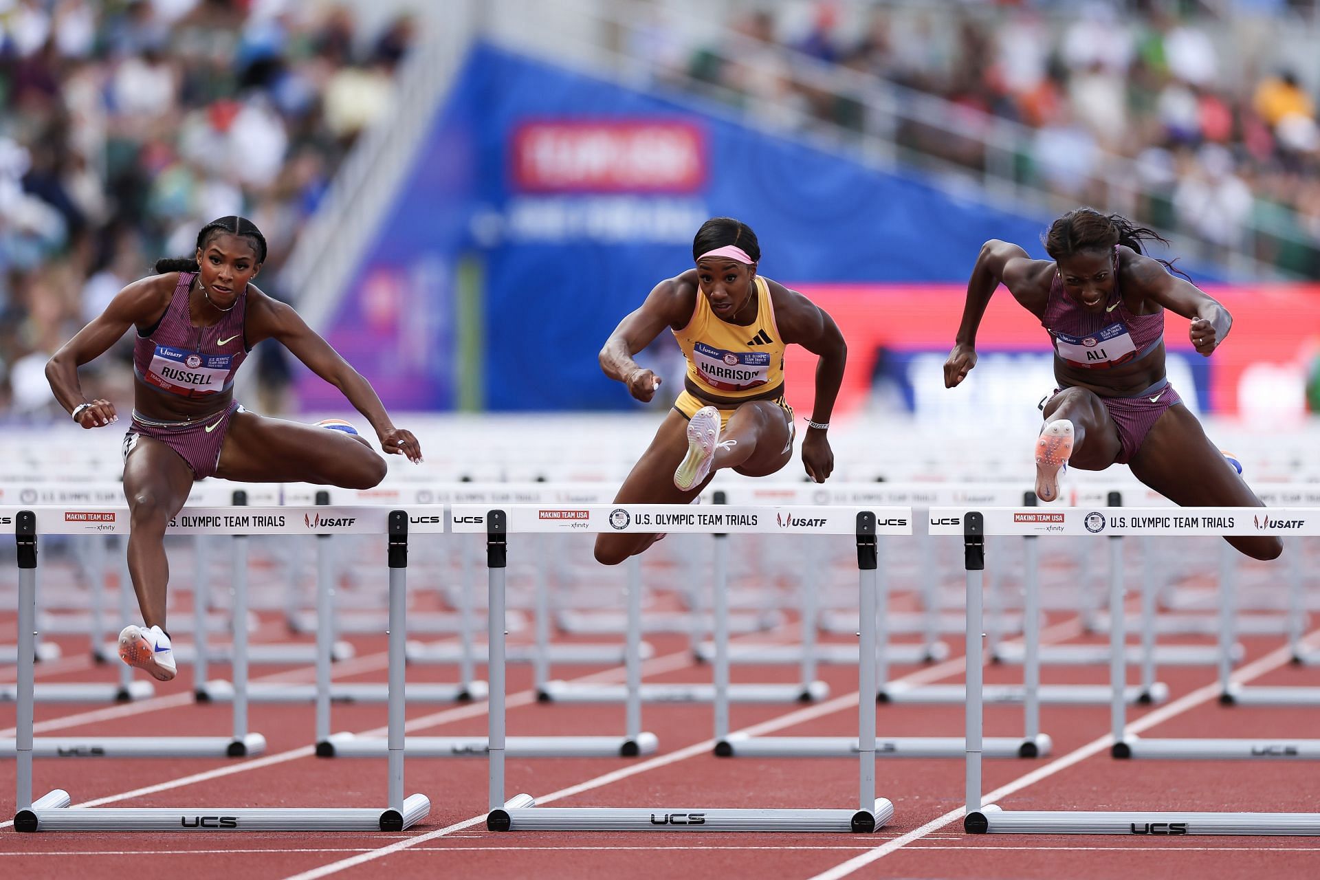 Masai Russell (L), Keni Harrison (C), and Nia Ali (R) at 2024 U.S. Olympic Team Track &amp; Field Trials (Photo by Patrick Smith/Getty Images)