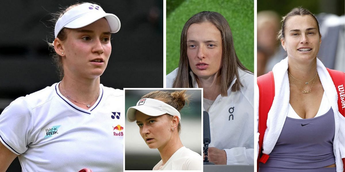 Elena Rybakina(left) Iga Swiatek(center) Aryna Sabalenka(right) and Barbora Krejcikova(inset). Images: Getty