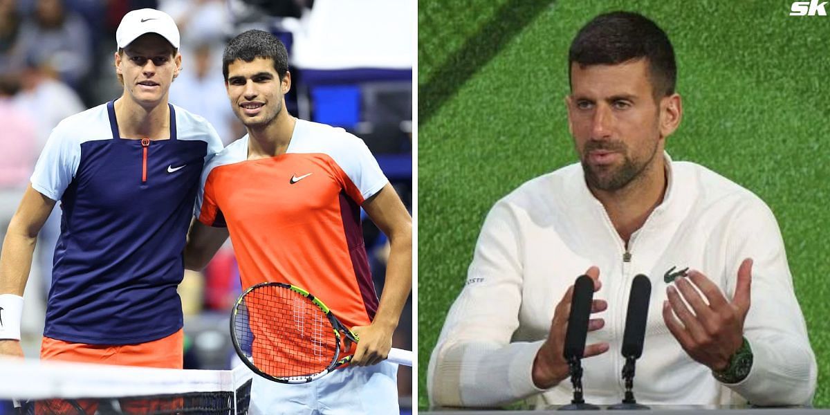 Jannik Sinner and Carlos Alcaraz (L) and Novak Djokovic (R)