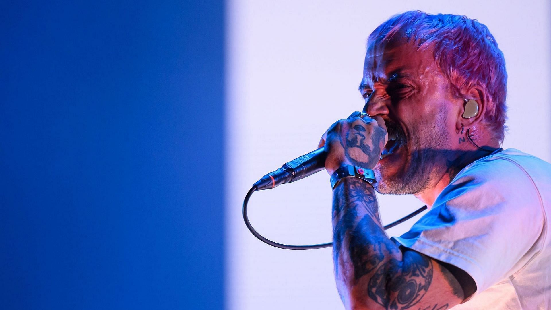 Joe Talbot of Idles performs during their headline set on the Other Stage during day three of Glasto 2024 at Worthy Farm, Pilton on June 28, 2024 (Photo by Leon Neal/Getty Images)