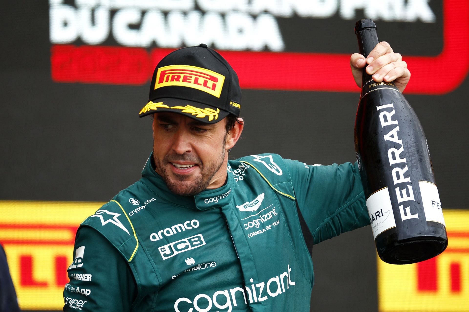 Fernando Alonso on the podium after the 2023 Canadian GP