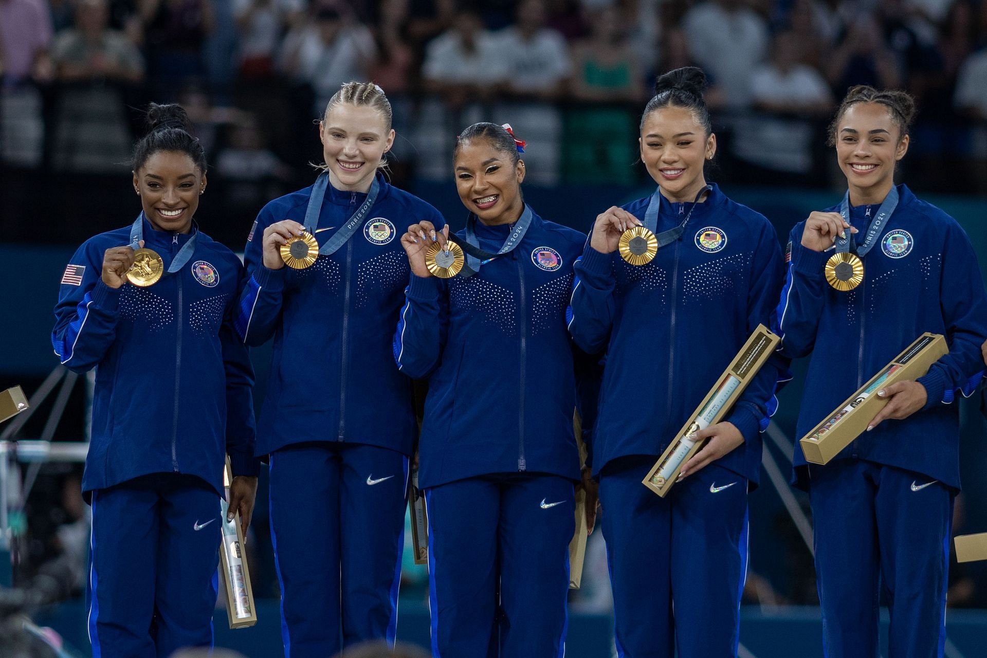 Hezly Rivera [Extreme Right] along with the US Women&#039;s Gymnastics Team after winning the gold medal for Team All Around Event at Paris Olympics 2024 [Image Source: Getty]