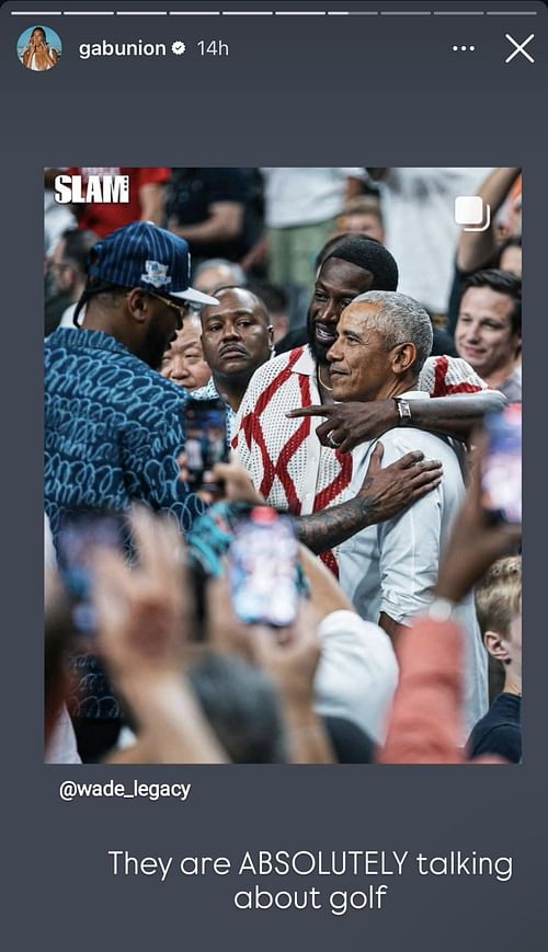 Gabrielle Union shared a picture of Dwyane Wade talking with Barack Obama and Carmelo Anthony and included a hilarious caption.