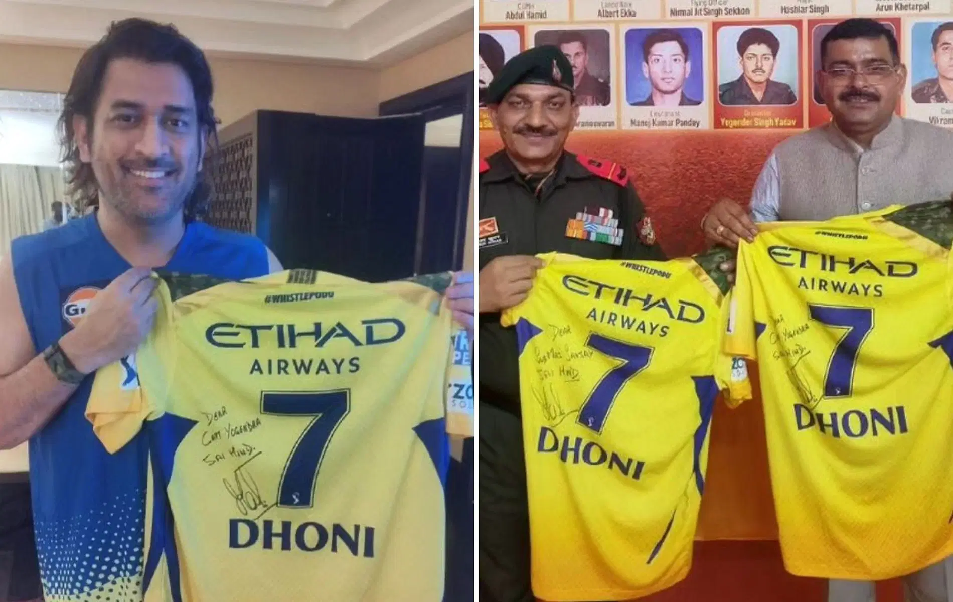 MS Dhoni (L) with his signed CSK jersey. 