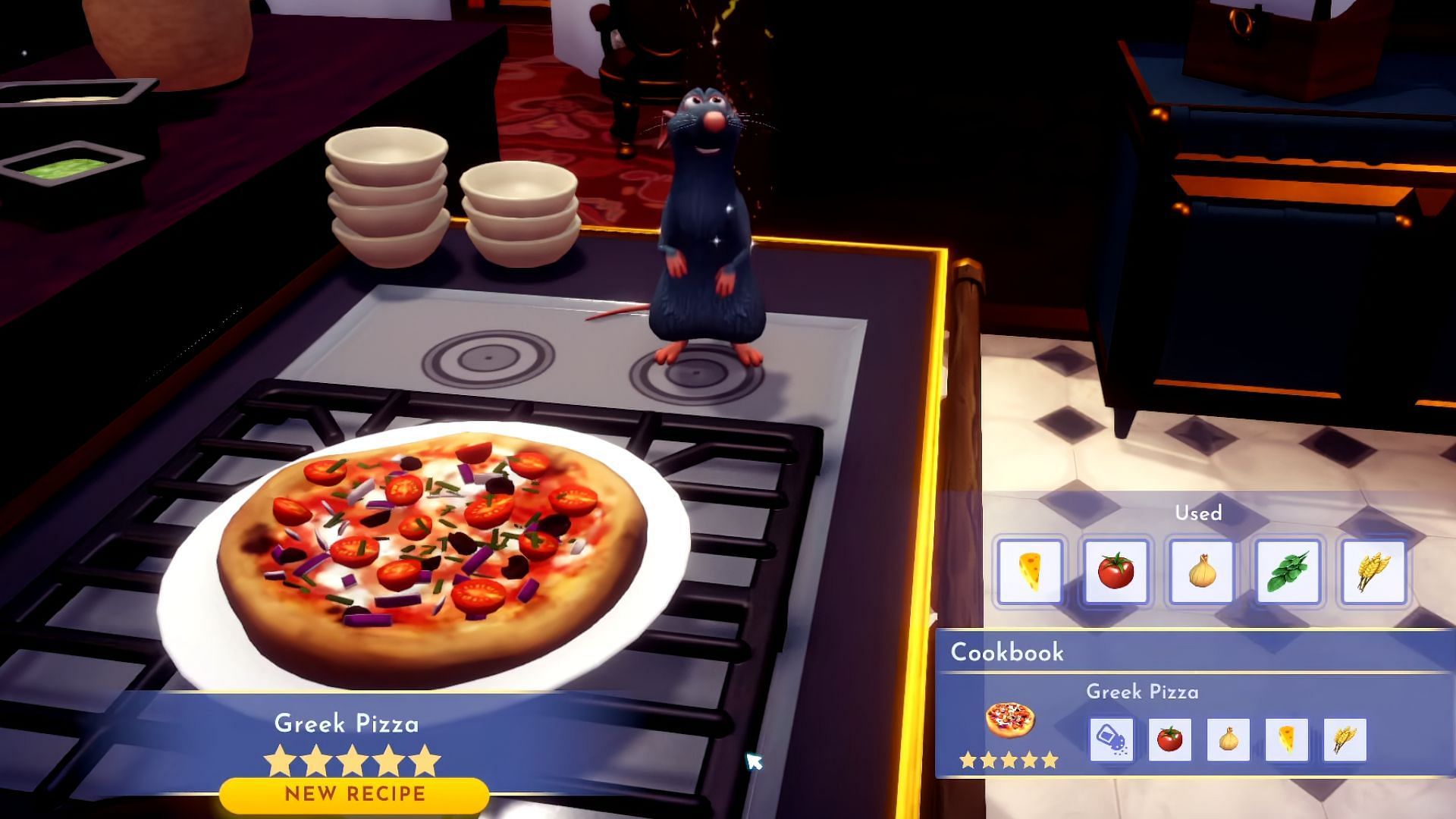 A guide to make Greek Pizza in Disney Dreamlight Valley (Image via Gameloft || YouTube@Quick Tips)