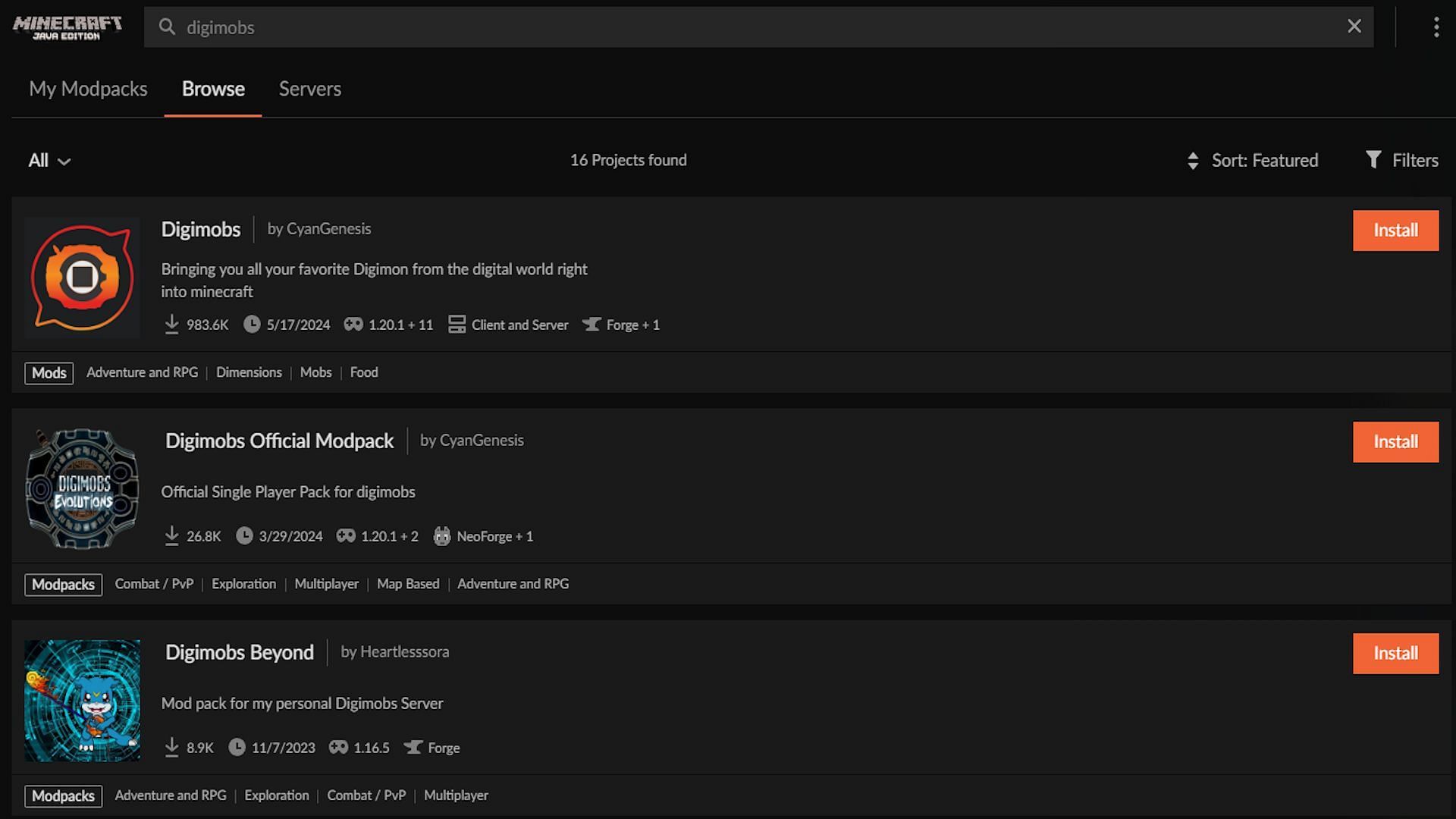 The search results for &quot;digimobs&quot; (Image via CurseForge)