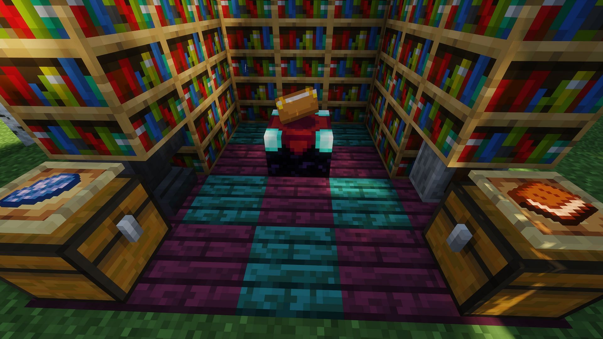 A fully set up enchanting area (Image via Mojang)