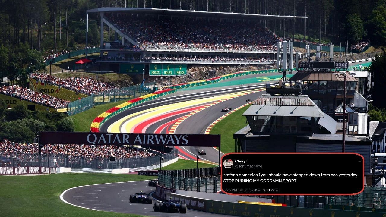 The Circuit de Spa-Francorchamps in Belgium. Credit: Getty Images. Fan calling out F1. Courtesy: (x.com/schumacheryl)