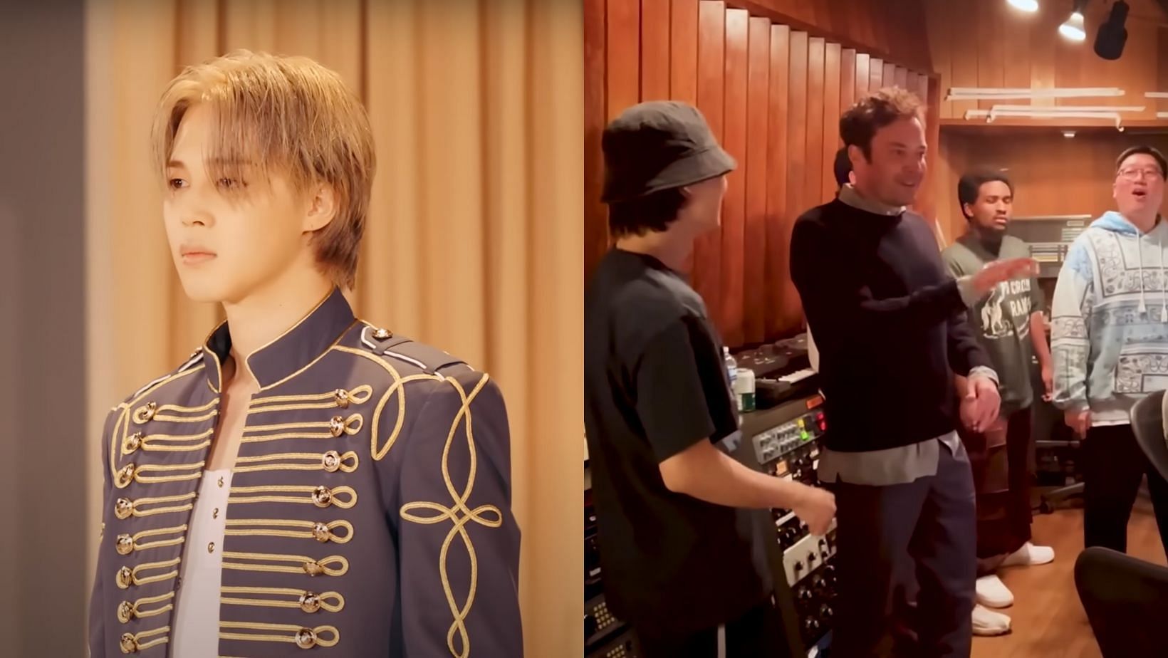 Jimmy Fallon reveals getting a sneak peek of BTS&rsquo; Jimin&rsquo;s &lsquo;WHO&rsquo; before the release. (Images via YouTube/@BANGTANTV and @fallontonight)