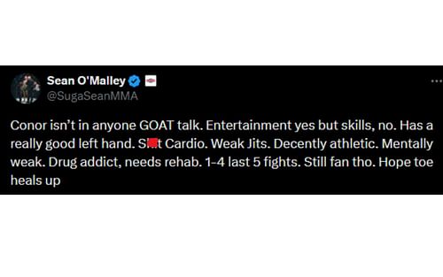 O'Malley's tweet regarding McGregor [Image courtesy: @SugaSeanMMA - X]