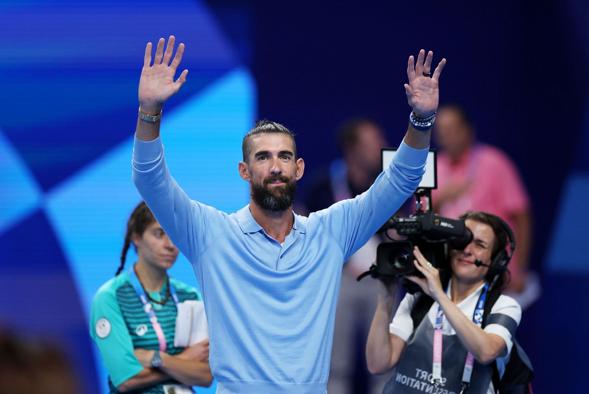 Michael Phelps acknowledges the crowd on day two of the Olympic Games 2024 at Paris La Defense Arena in Paris, France. (Photo Getty Images)