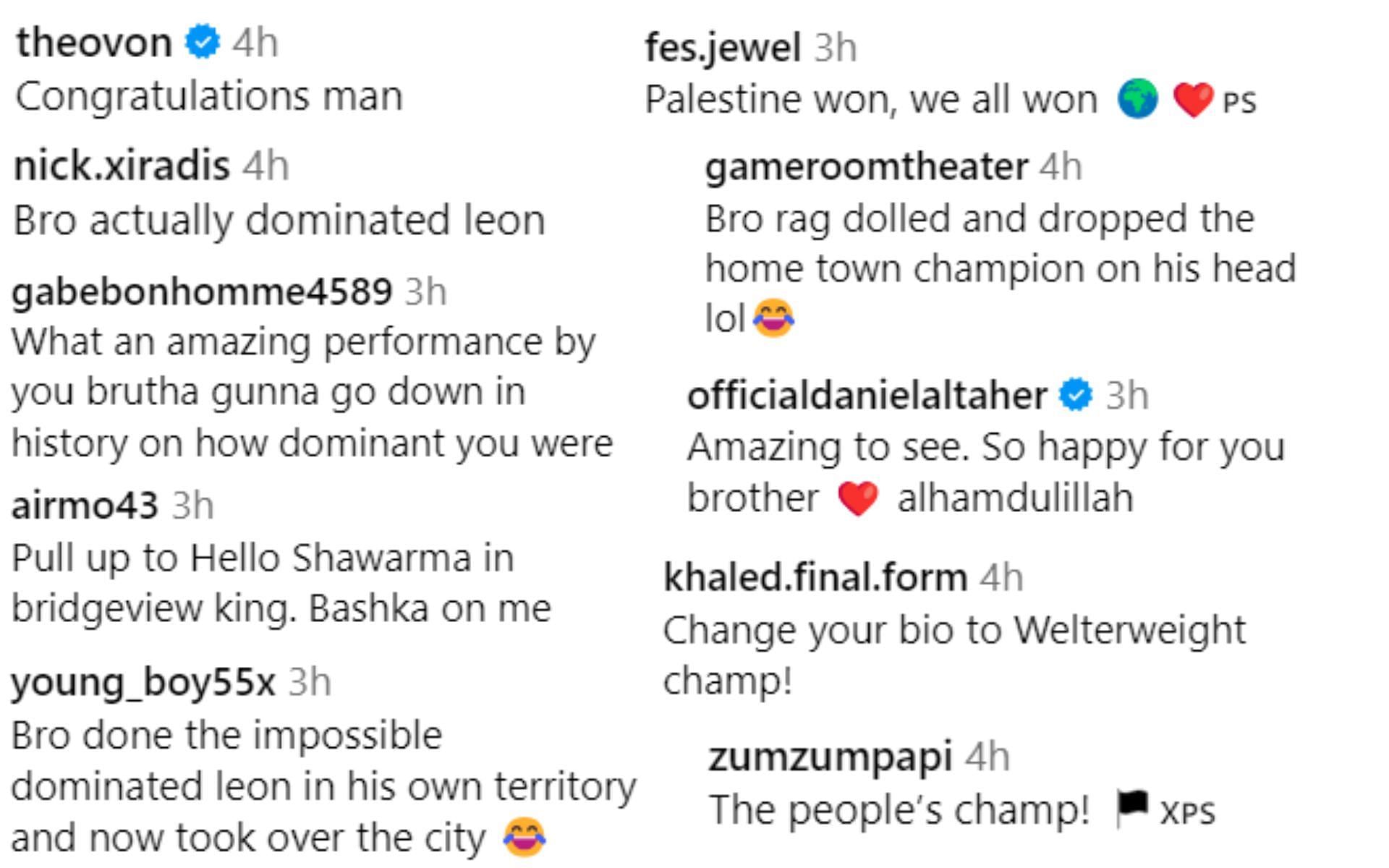 Screenshot of fan reactions to Belal Muhammad&#039;s post on Instagram