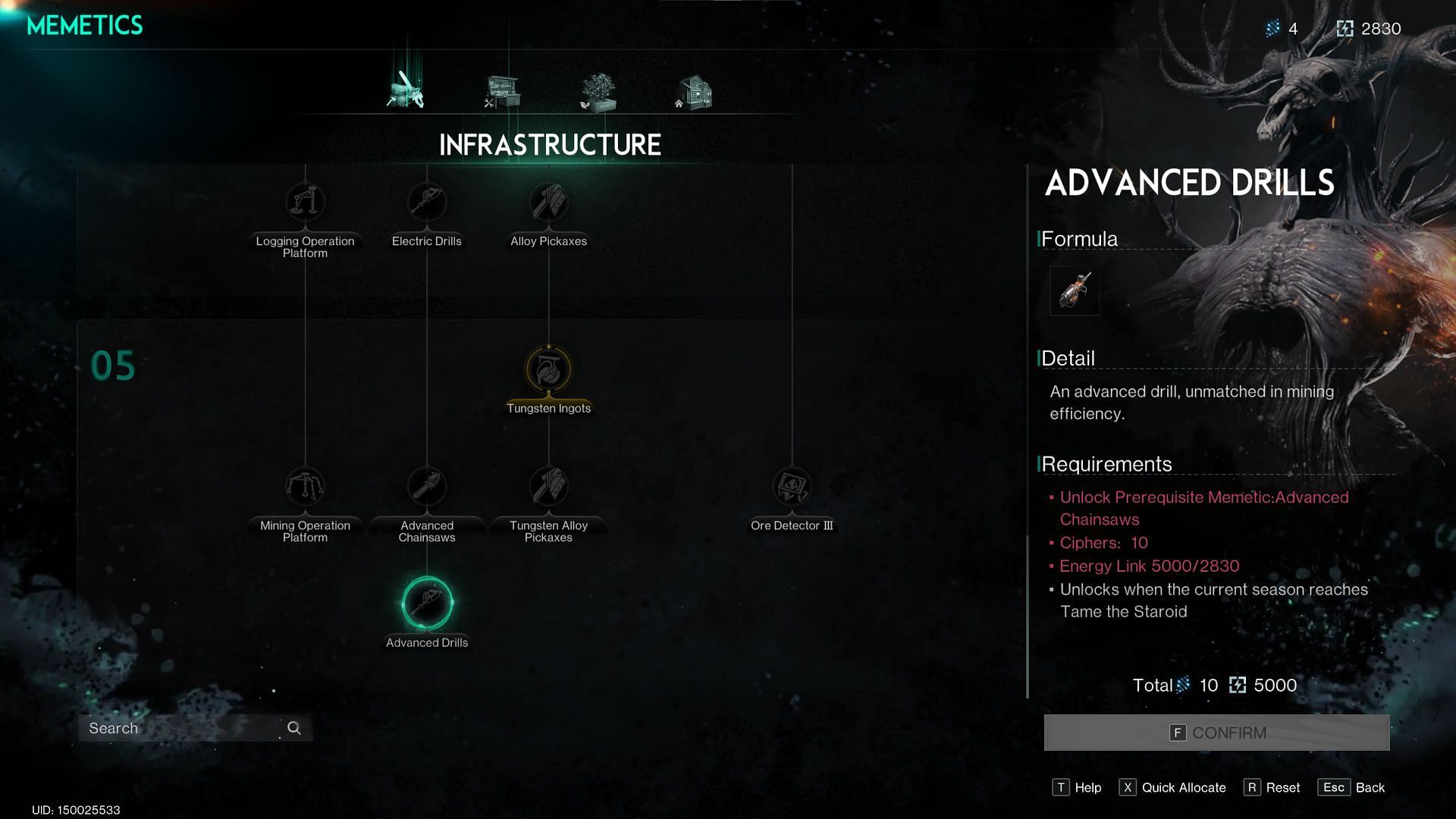 By reaching the bottom of the Infrastructure tree you can craft the best drills (Image via Starry Studio)