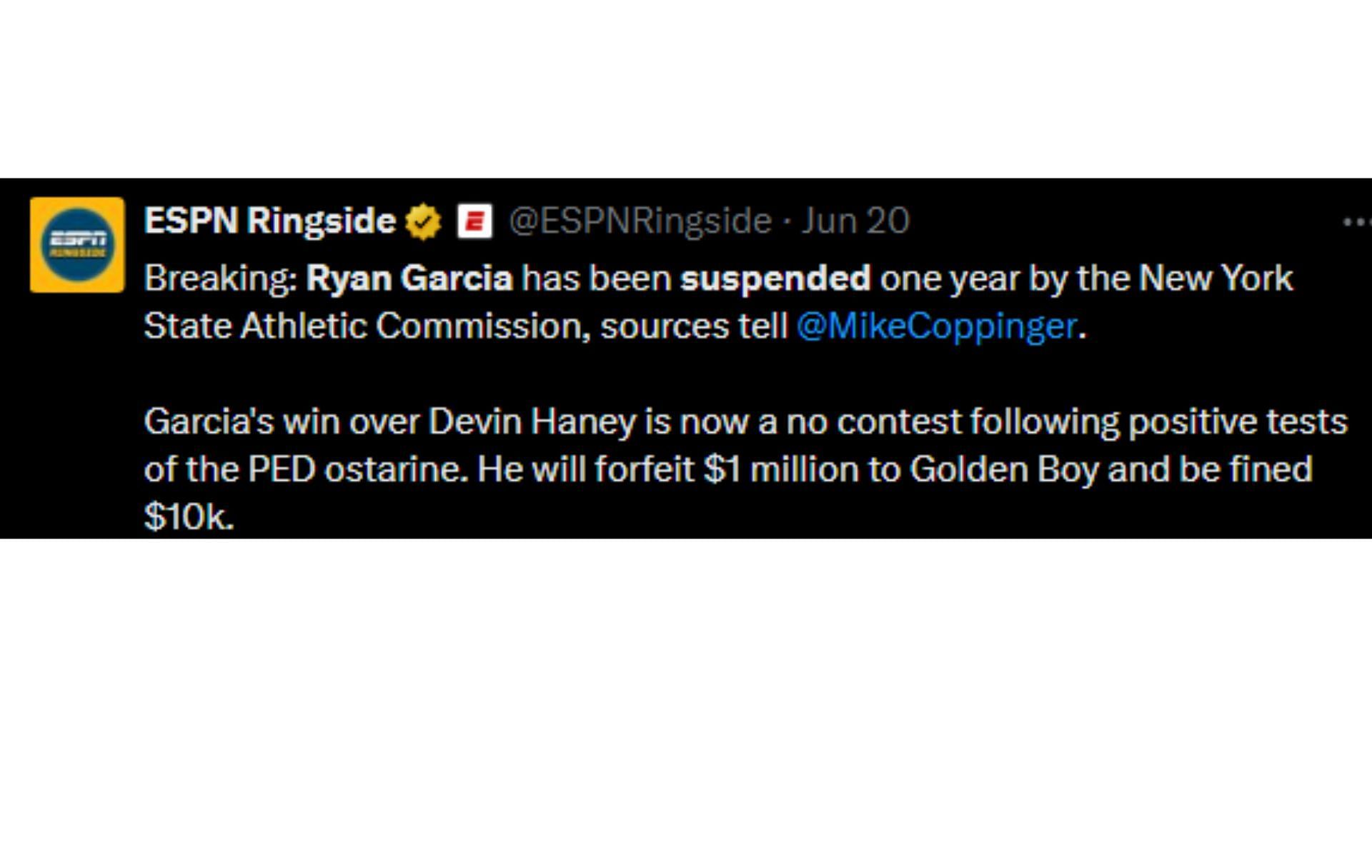 Tweet regarding Garcia&#039;s suspension [Image courtesy: @ESPNRingside - X]